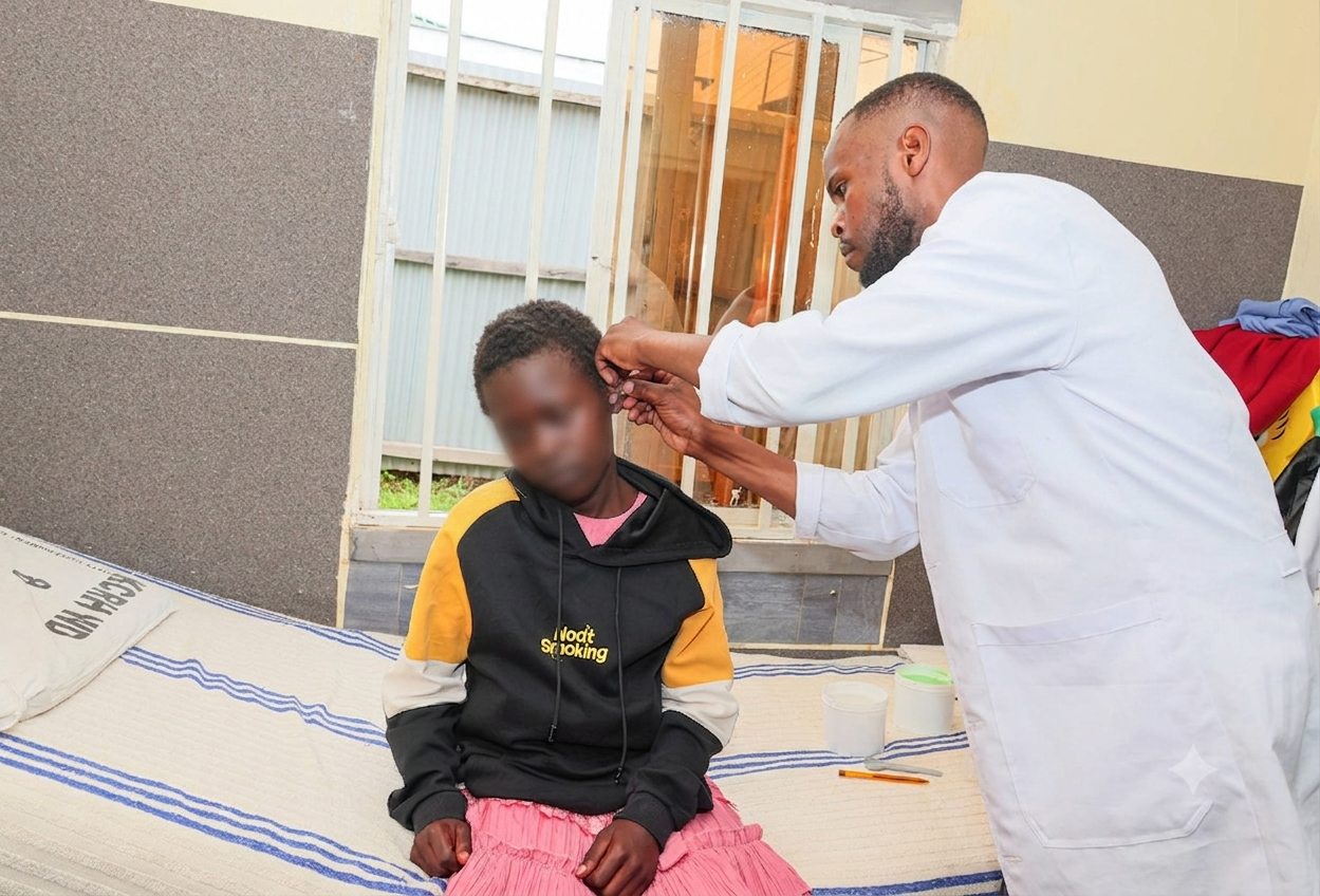 Mother and child at Chishlo hearing screening
